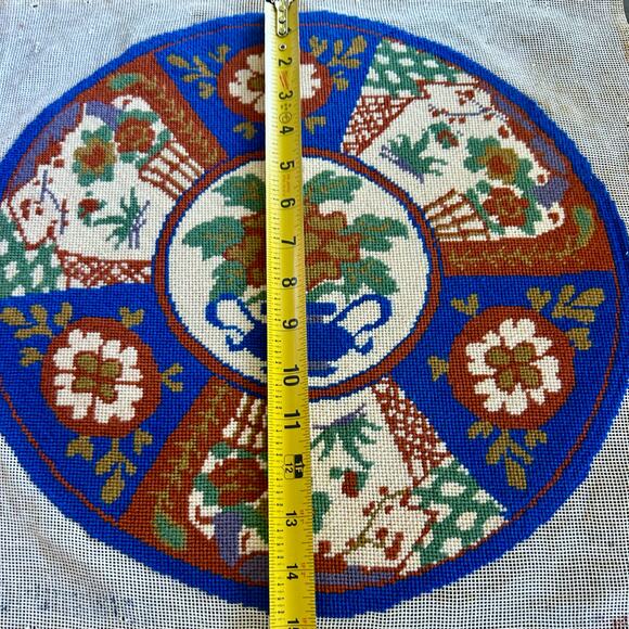 Vintage Round Floral Basket & Urn Needlepoint in Blue, Rust, & Ivory – Unframed - Picture 9 of 9